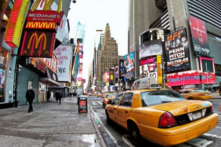 Street scene with taxi