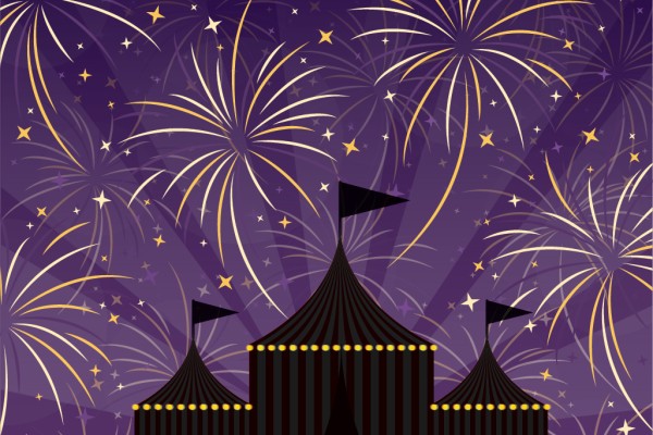 Grand finale with fireworks above a circus tent
